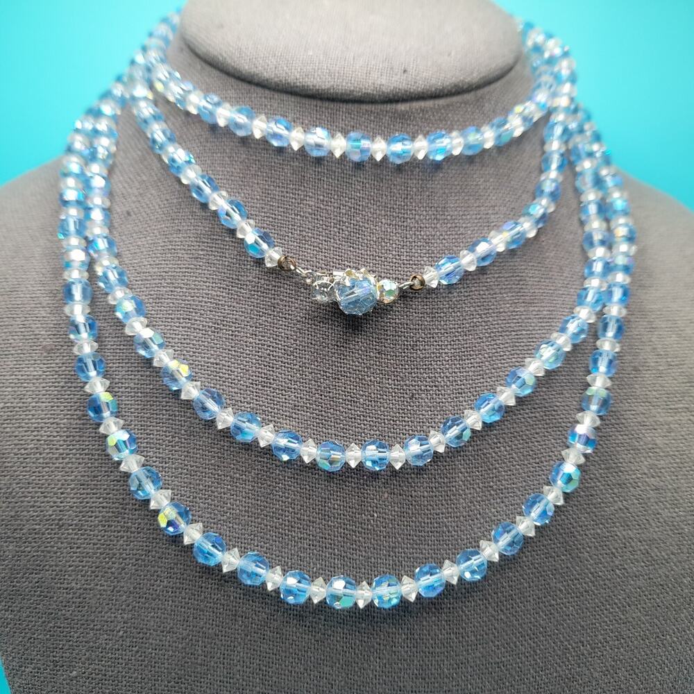 Vintage Baby Ice Blue Aurora Borealis Crystal Beaded Single Strand Necklace, 62"